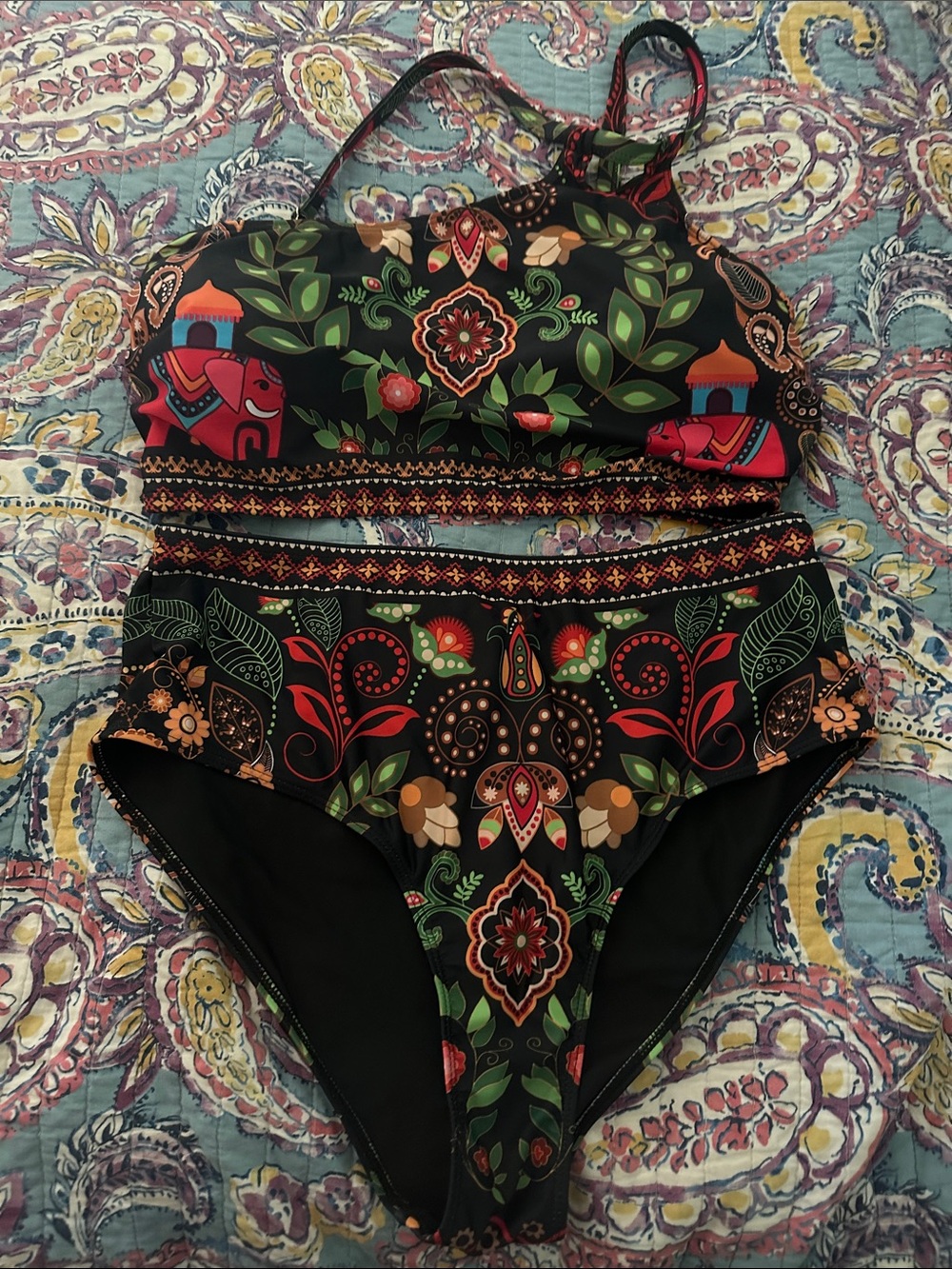 Black Floral & Elephant Print Two-Piece One-Piece Swim Set